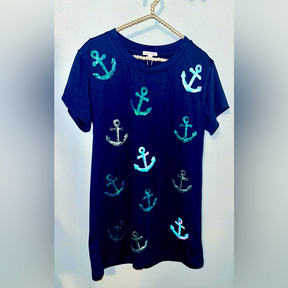 NWT • MARY SQUARE • NAVY BLUE ANCHOR SEQUINS TSHIRT DRESS • SIZE SMALL